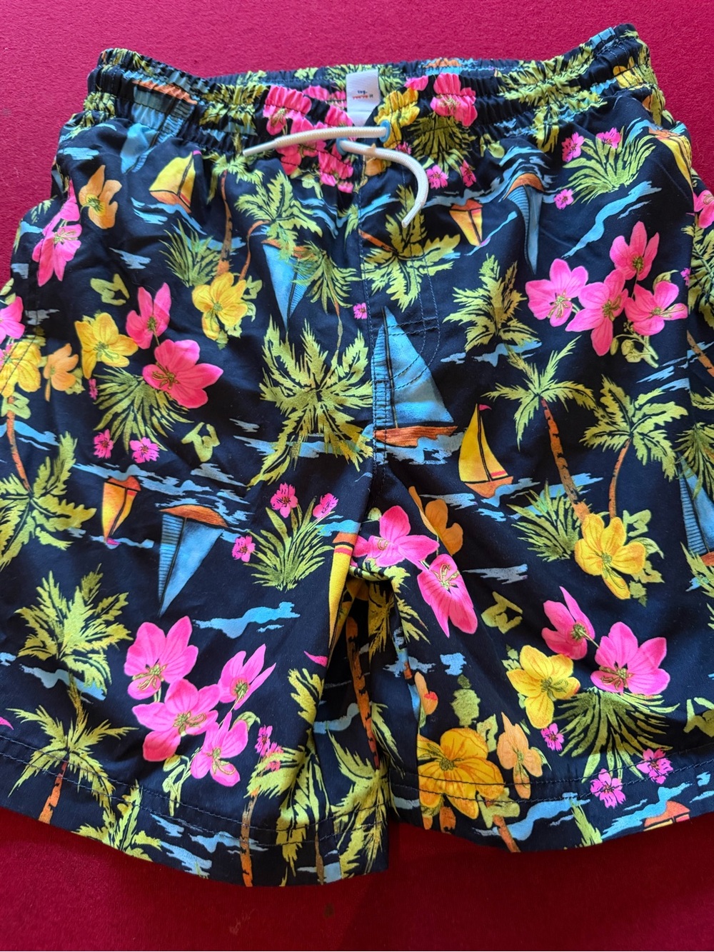 Tropical Floral Swim Shorts in Black with Pink & Yellow Flowers, worn once